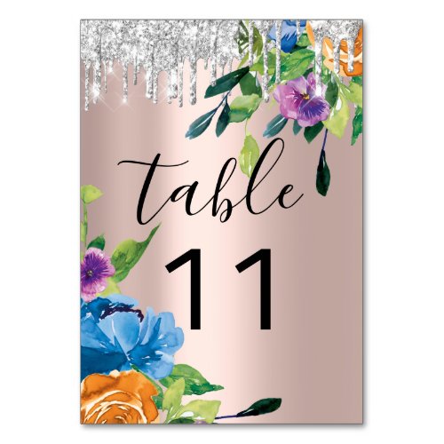 Table Number  Drips Silver Navy Rose Wedding