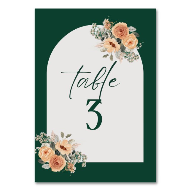 Table number, Elegant dark green floral Table Number (Front)