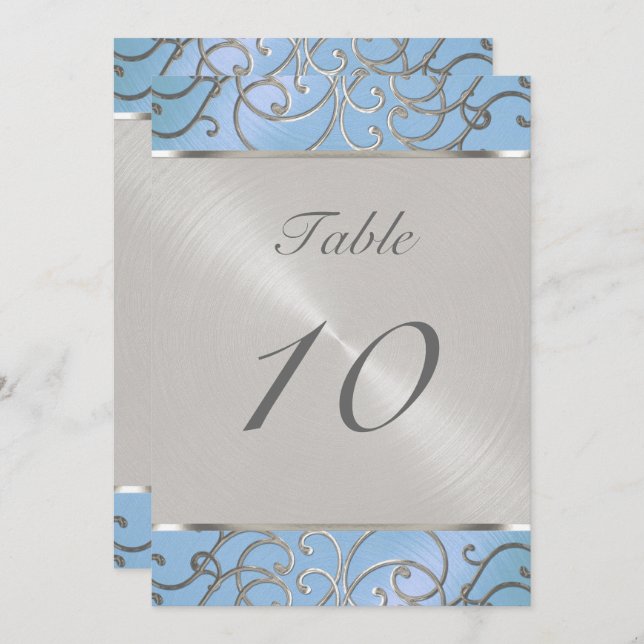 Table Number Elegant Sky Blue and Silver Filigree (Front/Back)