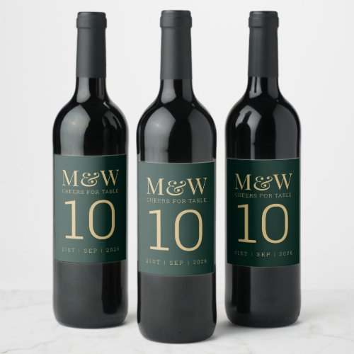 Table Number Forrest Green Gold Monogram Wedding Wine Label