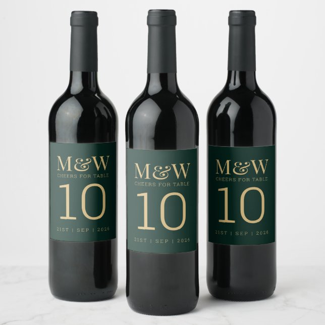 Table Number Forrest Green Gold Monogram Wedding Wine Label (Bottles)