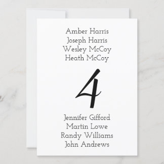 Table Number Names List Reception Seating Card