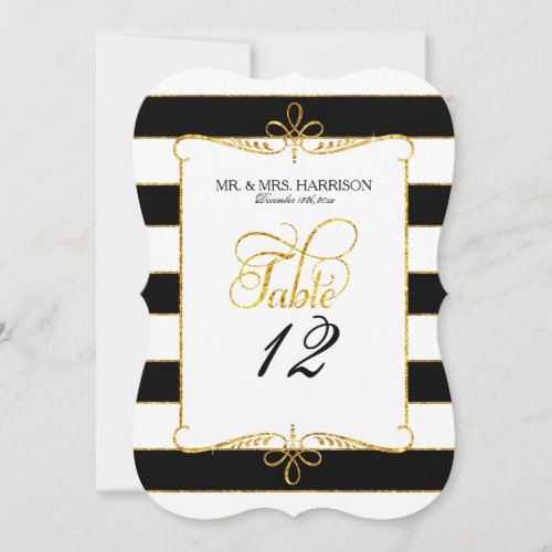 Table Number Names Striped Script Gold Glitter