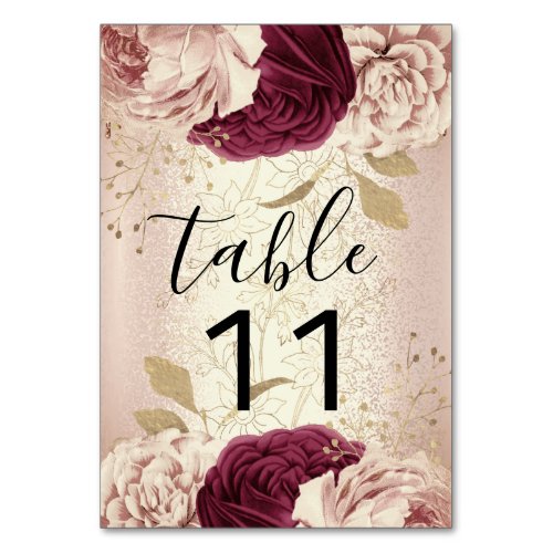 Table Number Pink Florals Rose Gold Marsala
