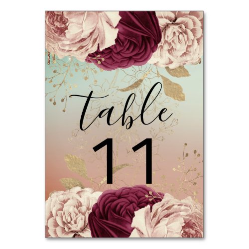 Table Number Pink Florals Rose Gold Marsala Blue