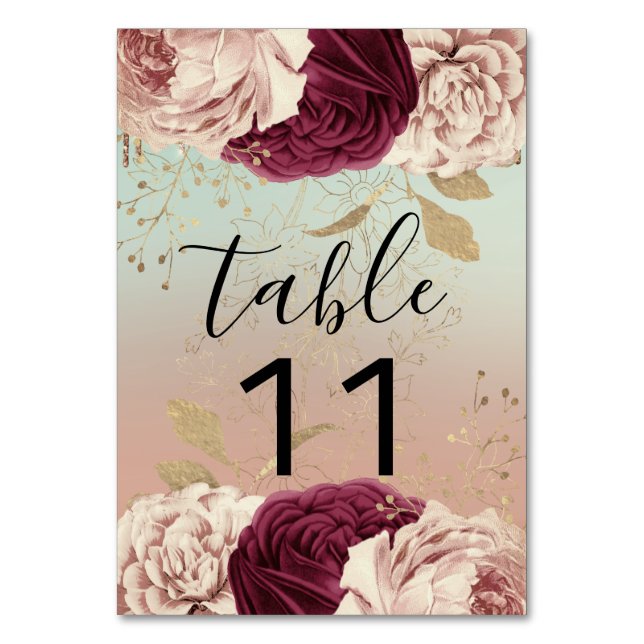 Table Number Pink Florals Rose Gold Marsala Blue (Back)