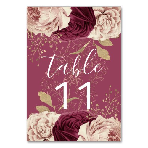 Table Number Pink Florals Rose Gold Marsala Pink