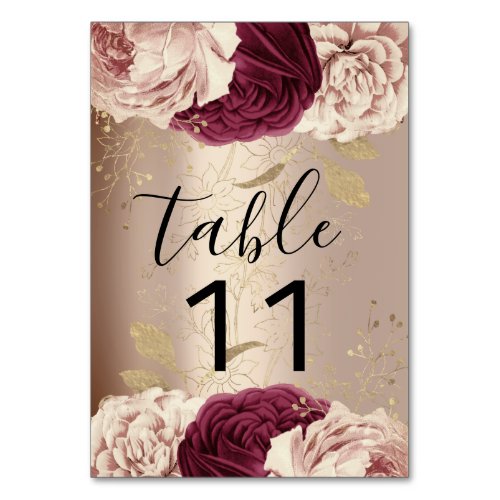 Table Number Pink Florals Rose Marsala Burgund