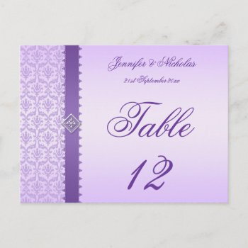 Table Number Postcard Lilac Damask & Ribbon by Truly_Uniquely at Zazzle