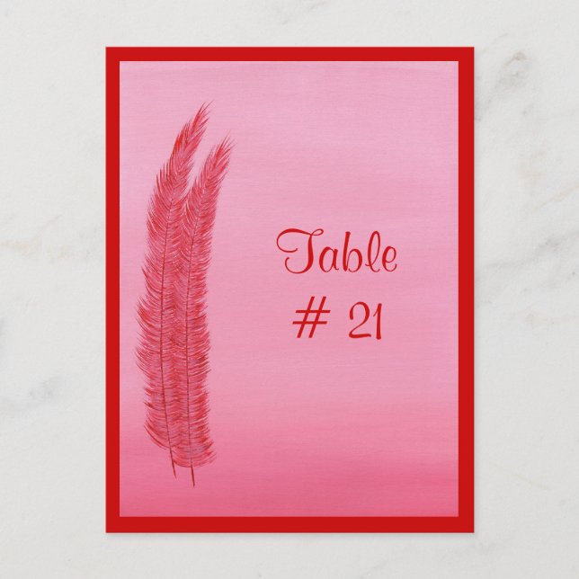 Table Number postcards, Red Pink Feathers (Front)