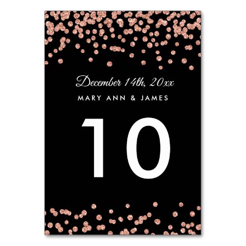 Table Number Rose Gold Faux Glitter Confetti Black