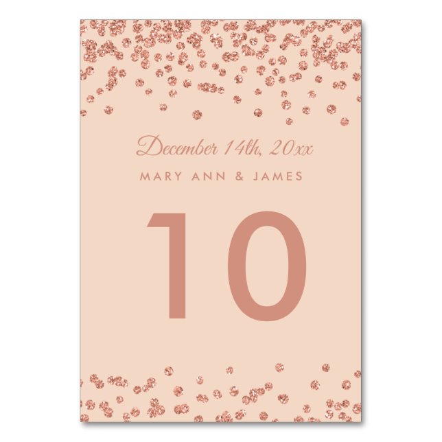 Table Number Rose Gold Faux Glitter Confetti Blush (Front)