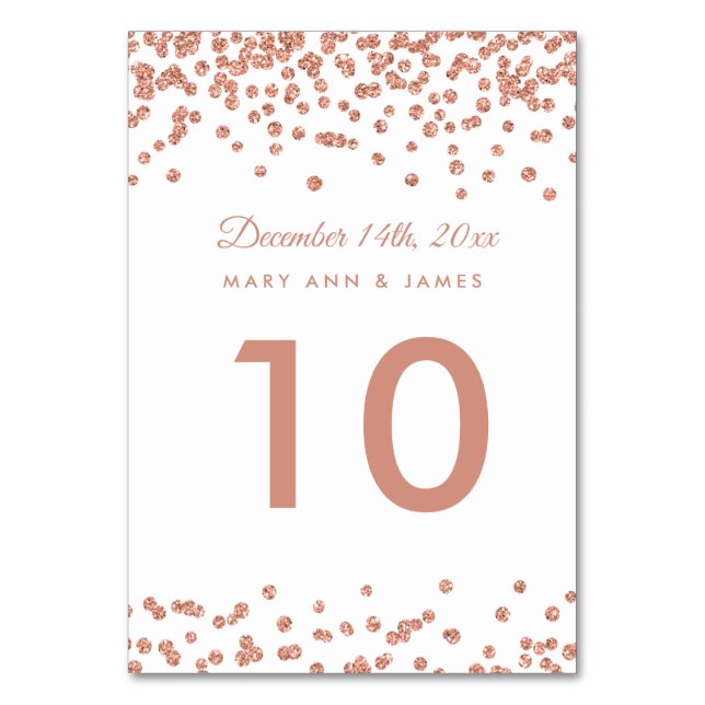 Table Number Rose Gold Faux Glitter Confetti White (Front)