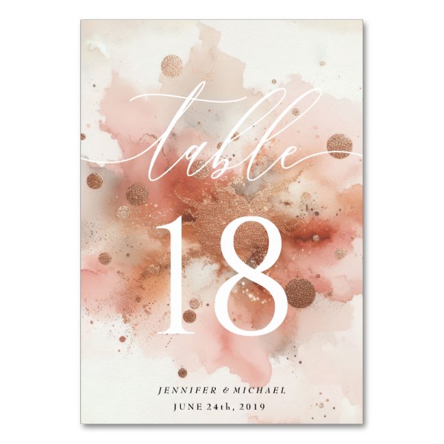 Table Number RoseGold Watercolor Wedding