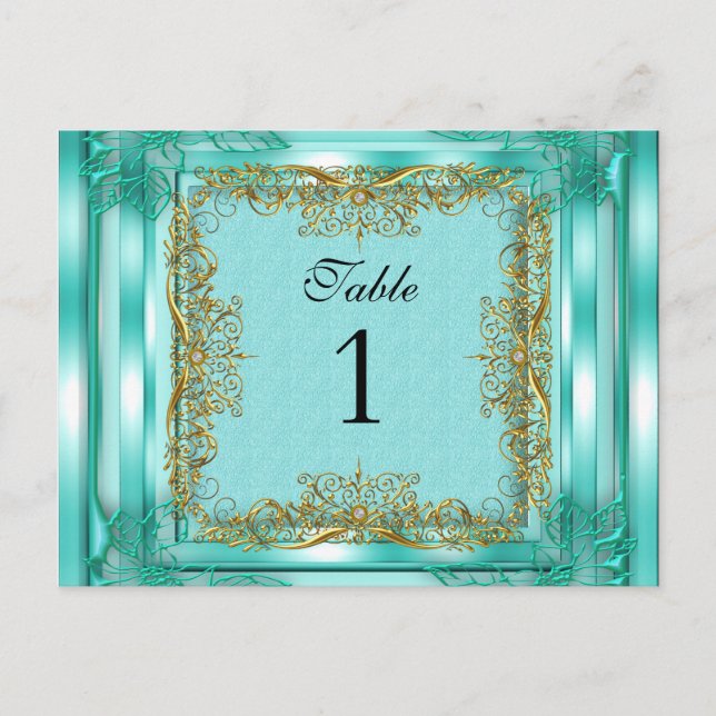 Table Number Seating Place Cards Gold Teal (Front)