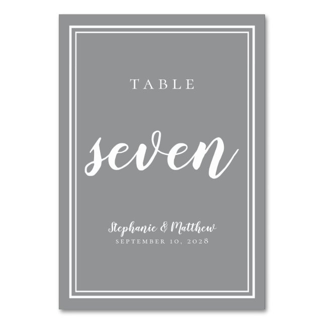 Table Number Seven | Gray White Wedding Reception (Front)