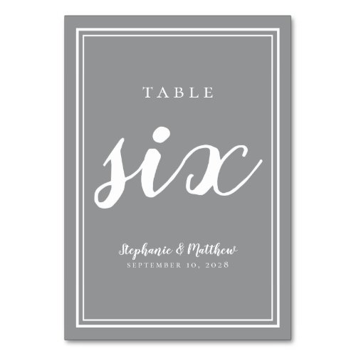 Table Number Six  Gray White Wedding Reception