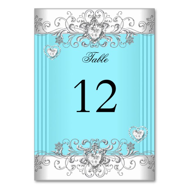 Table Number Teal Blue Wedding Silver Diamond 2 (Front)