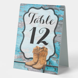Table Number Tent Card Blue Wood Barn Door Boots Table Tent