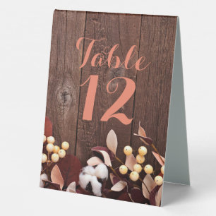 Table Number Tent Card Cotton Branch on Dark Wood