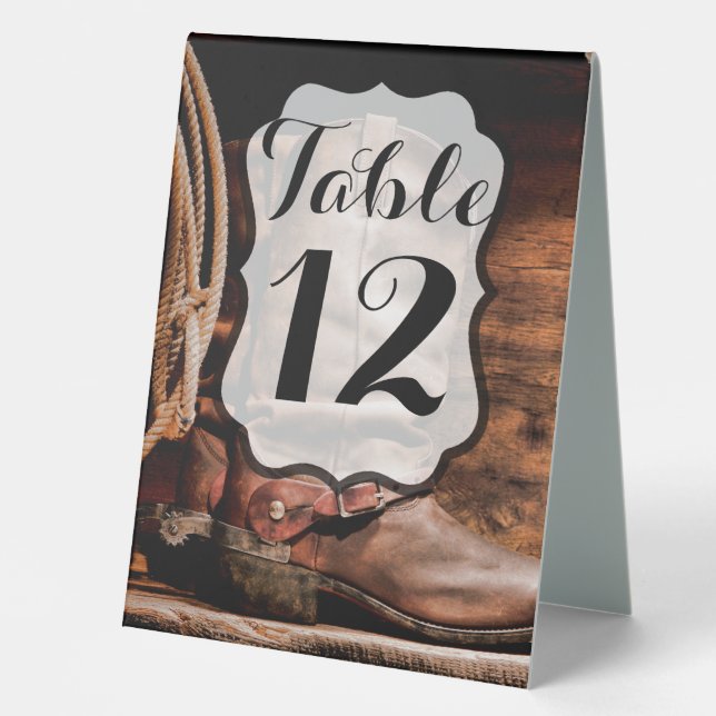 Table Number Tent Card Cowboy Boots Barn Wood Rust Table Tent (Front)
