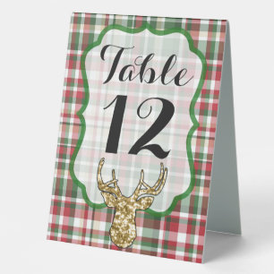 Table Number Tent Card Gold Glitter Reindeer Plaid Table Tent