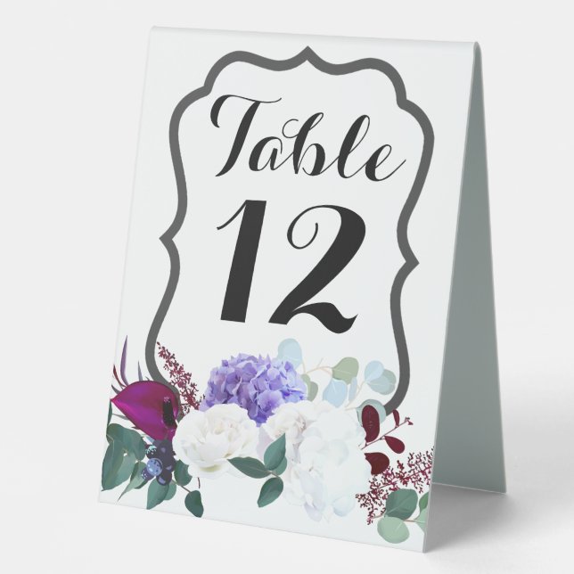 Table Number Tent Card Lavender Hibiscus on White Table Tent (Front)