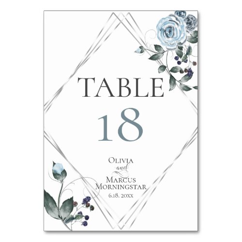 TABLE NUMBER  Watercolor Dusty Blue Floral Silver