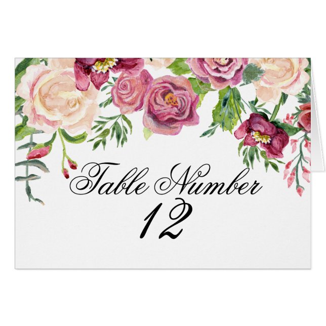 Table Number Watercolor Floral Winter Burgundy (Front Horizontal)