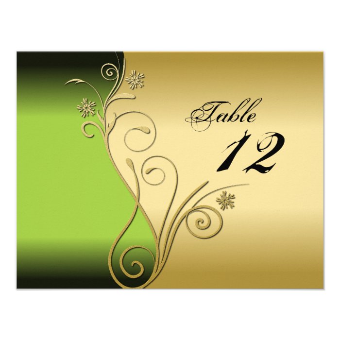 Table Number Wedding Card   Classy Green & Gold Invite
