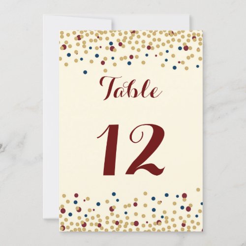 Table number wedding confetti gold red blue