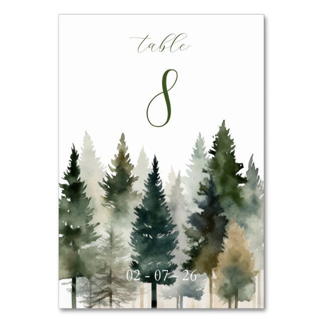 Table Number | Wedding | Forest Pines Watercolor (Front)