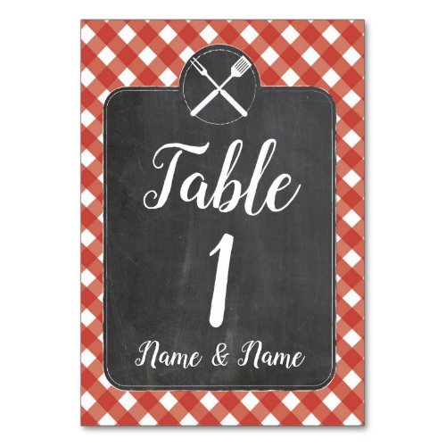 Table Number Wedding Red Gingham Chalk BBQ