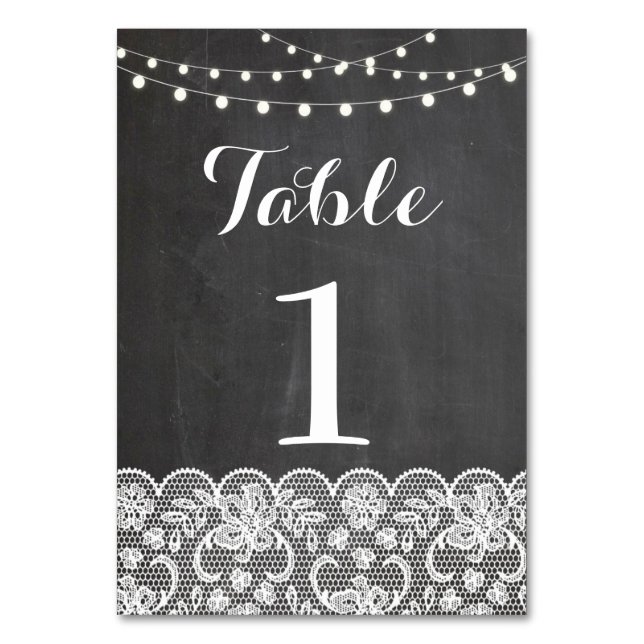 Table Number Wedding Rustic Chalkboard Lights Lace (Front)