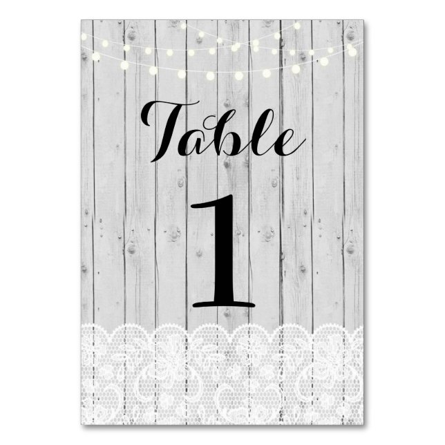 Table Number Wedding Rustic Gray Wood Lights Lace (Front)