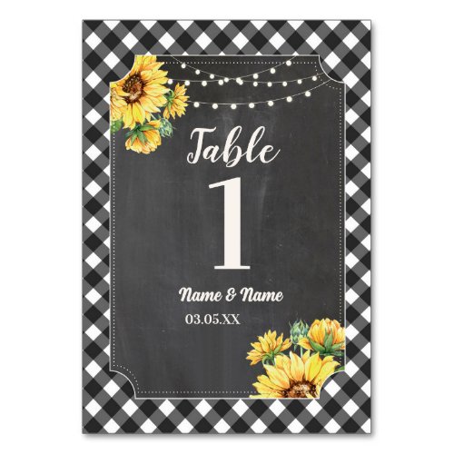 Table Number Wedding Sunflower Black White Gingham