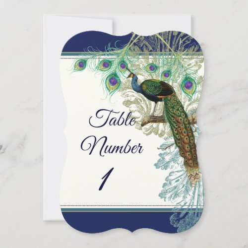 Table Number Wedding Vintage Peacock Feather Navy