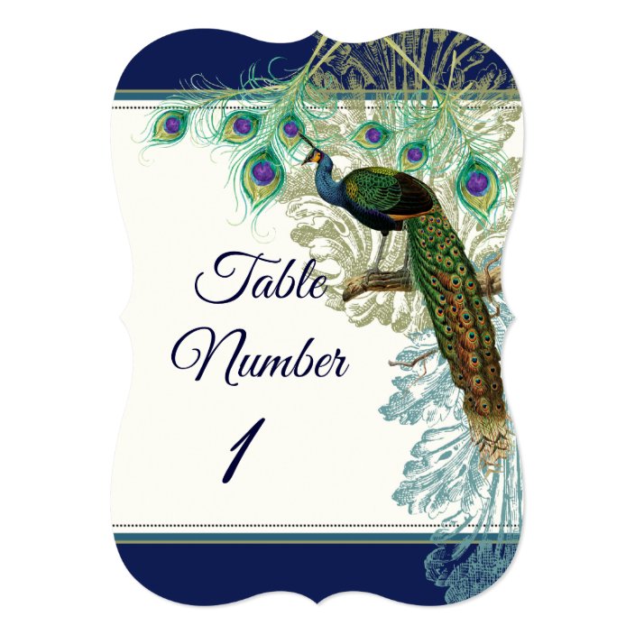 Table Number Wedding Vintage Peacock Feather Navy Zazzle Com