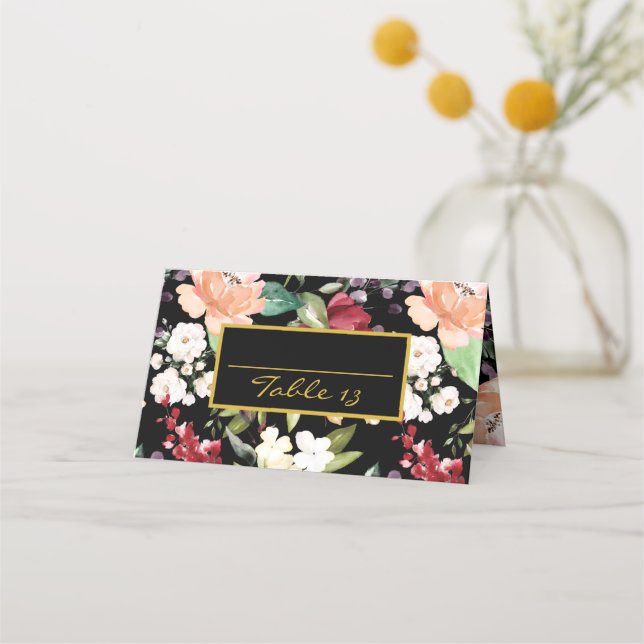  Table Number | Welcome Elegant Black Gold Floral  Place Card (Front)