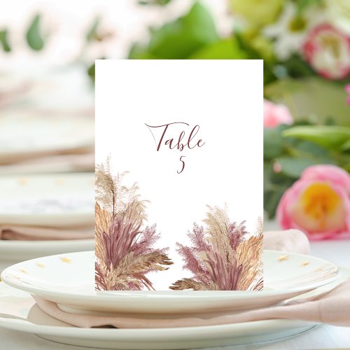 Table Numbers Card Pampas Elegance Mauve Pink