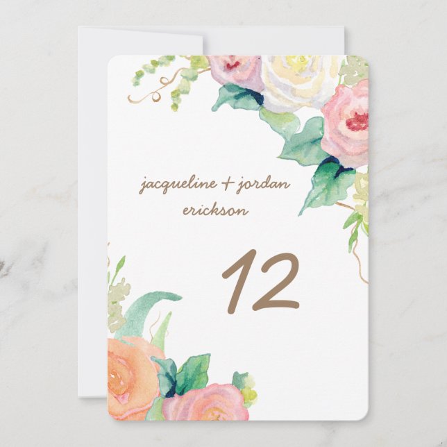 Table Numbers Simple Modern Watercolor Roses (Front)