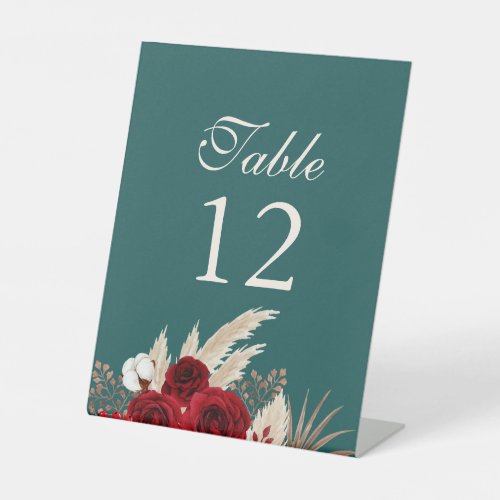 Table Numbers Teal Burgundy Roses Pampas Grass Pedestal Sign