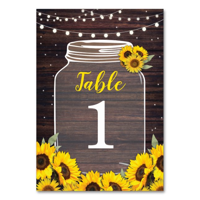 Table Numbers Wedding Sunflower Jar Wood Cards (Front)