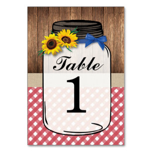 Table Numbers Wedding Sunflower Jar Wood Red Check