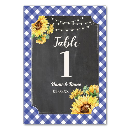 Table Numbers Wedding Sunflower Navy Gingham