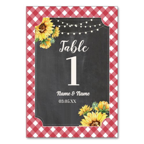Table Numbers Wedding Sunflower Red White Gingham
