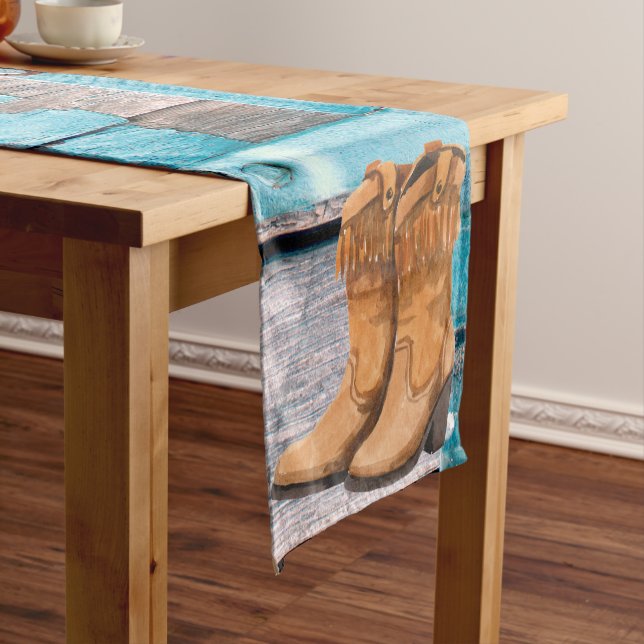 Table Runner Blue Wood Barn Door Boots Country Rus (In Situ)