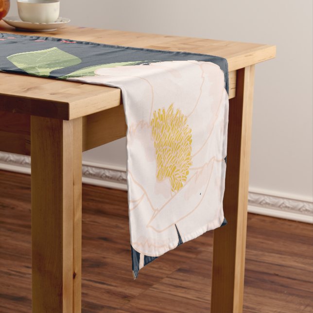 Table Runner White Floral Flowers on Dark Blue (In Situ)