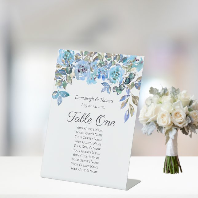 Table Seating Chart Falling in Love Blue Florals Pedestal Sign (Creator Uploaded)