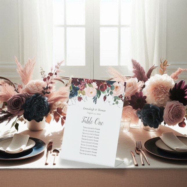 Table Seating Chart Navy Blue and Burgundy Floral Pedestal Sign (Creator Uploaded)